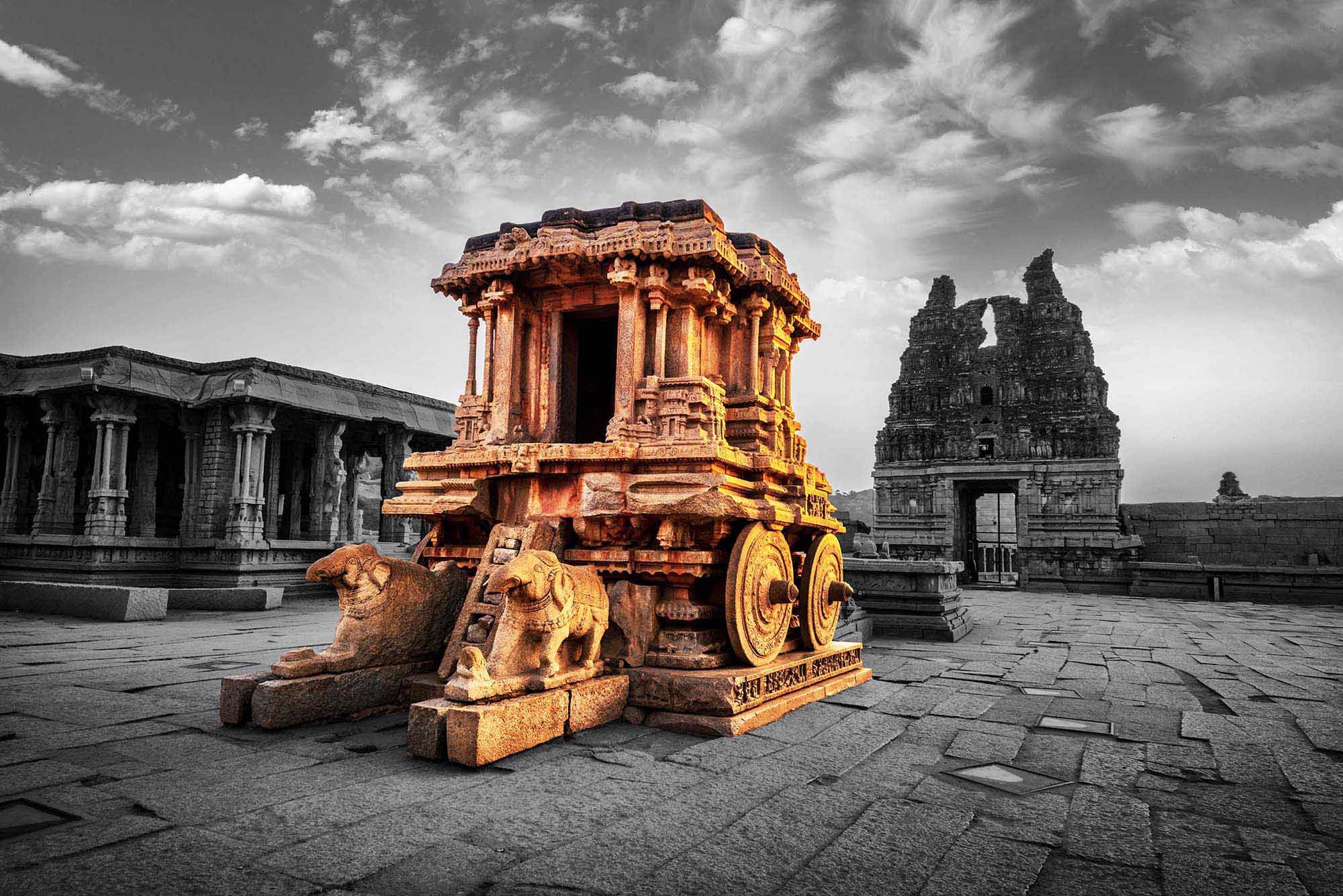 Hampi, Karnataka, India - January 10, 2020: Vijaya Vitthala Temple. Beautifully carved out of a monolith rock, a piece of intricate architectural marvel that the ancients built.